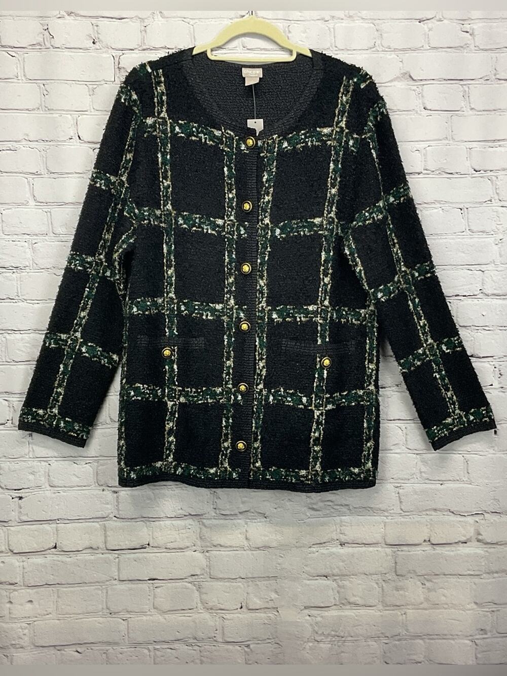 Chico’s Travelers Crushed Tweed Jacket Size 2 (12/14) Black Dark Jade Button Up